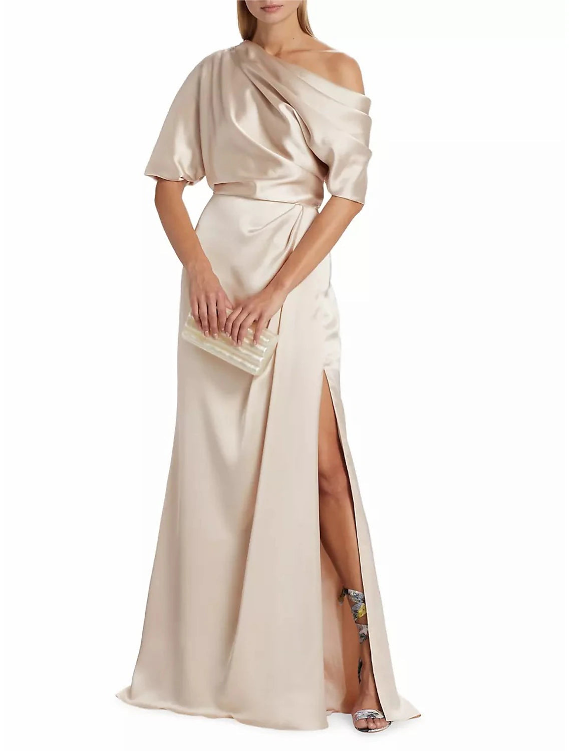 Wholesale A-Line Mother of the Bride Dress Formal Wedding Guest Elegant Simple Off Shoulder Floor Length Charmeuse Short Sleeve with Side Draping Side-Draped Solid Color